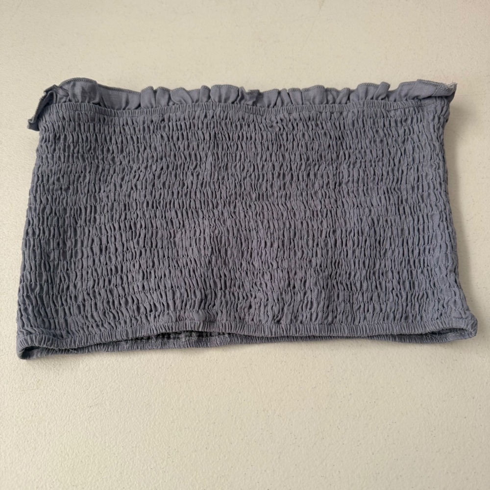 Womens‎ M Smocked Tube tube Top Linen Blue Strapless Bandeau Ruffle coquette y2k